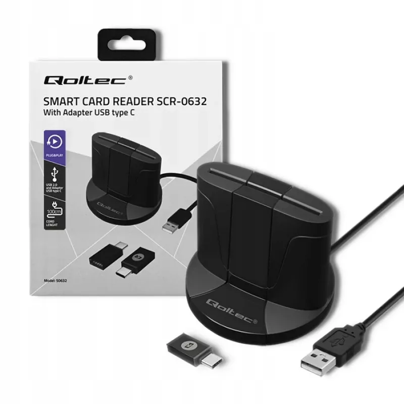 Smart Card Reader Qoltec 50632 USB 2.0 Must 1m kaabel