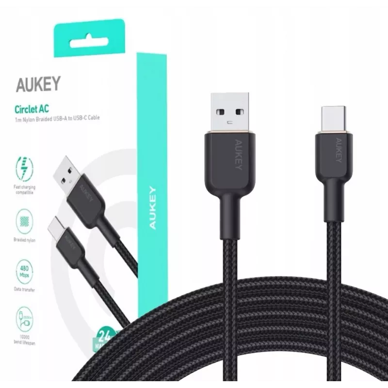USB A - USB C kaabel Aukey CB-NAC1, 1 m, põimitud nailon, USB PD 60W, USB 2.0