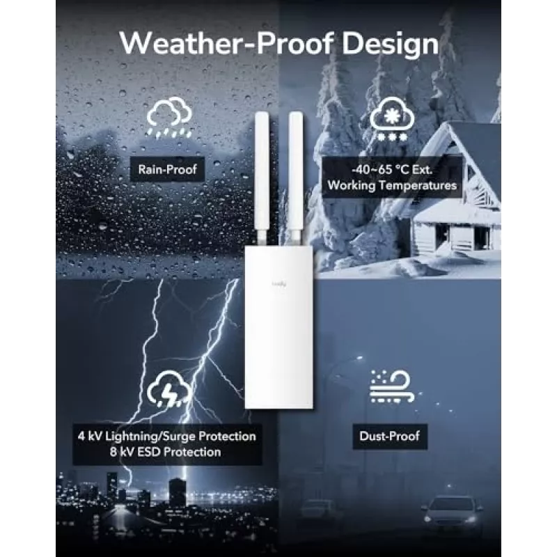 Pääsupunkt Cudy AP1300 Outdoor — kaheribaline 2,4/5 GHz, 300/867 Mbit/s, IP65, PoE, 2 välist RP‑SMA antenni