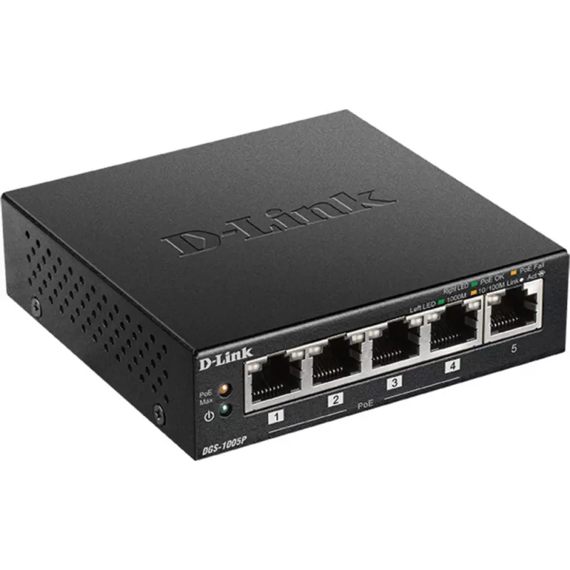 D-Link DGS-1005P/E võrgulüliti, haldamata, Gigabit Ethernet (10/100/1000), Power over Ethernet (PoE), must