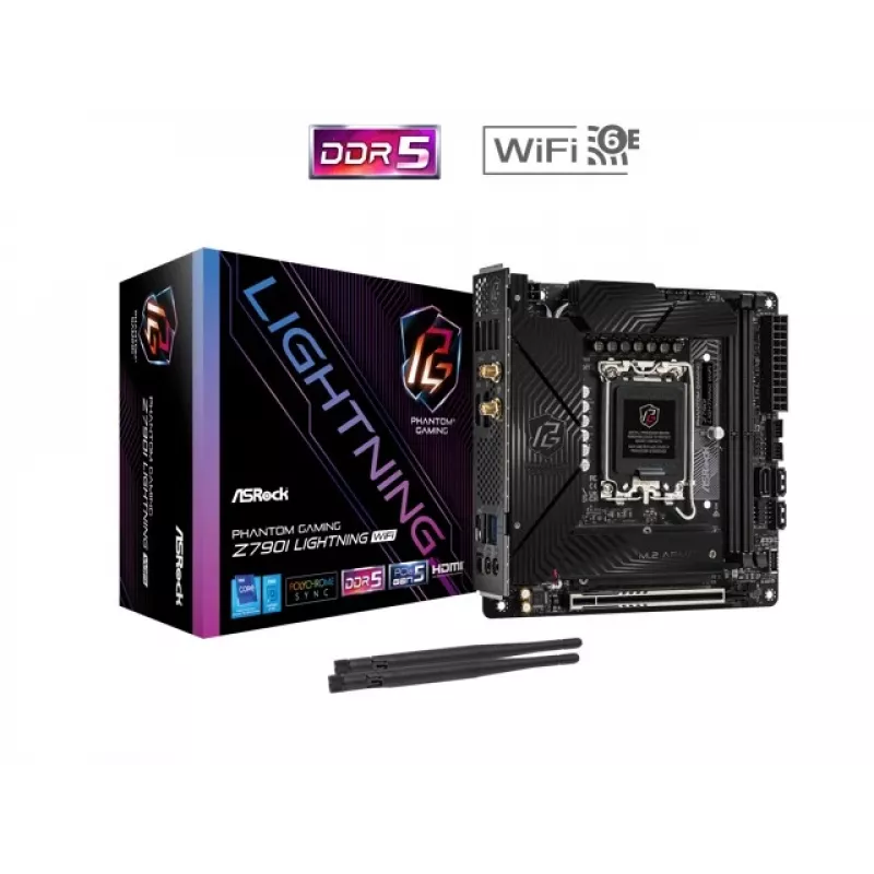 Emaplaat ASRock Z790I LIGHTNING WIFI — Intel Z790, LGA 1700, Mini-ITX, DDR5 kuni 8600 MHz, 2x DIMM, Wi‑Fi 6E, 2.5Gb LAN, 2x M.2