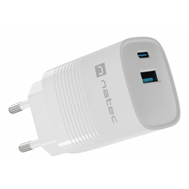 Juhtmega mobiilseadme laadija NATEC NUC-2140, 30W, USB-C PD 3.0 + USB-A, Samsung AFC, Valge
