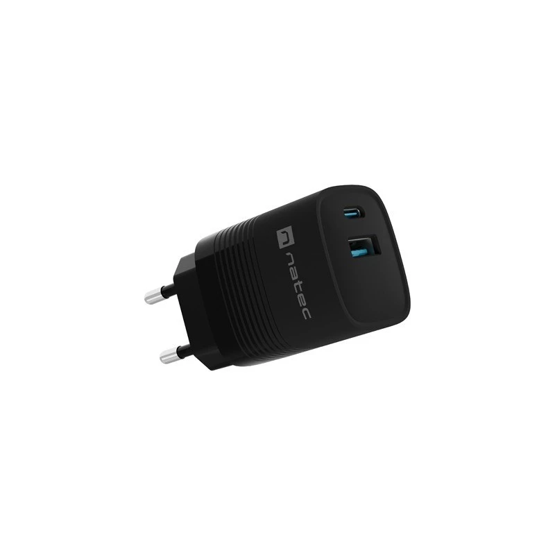 NATEC juhtmega mobiilseadme laadija NUC-2141, 30W, USB-C PD 3.0 + USB-A QC 3.0, 110–240V, must