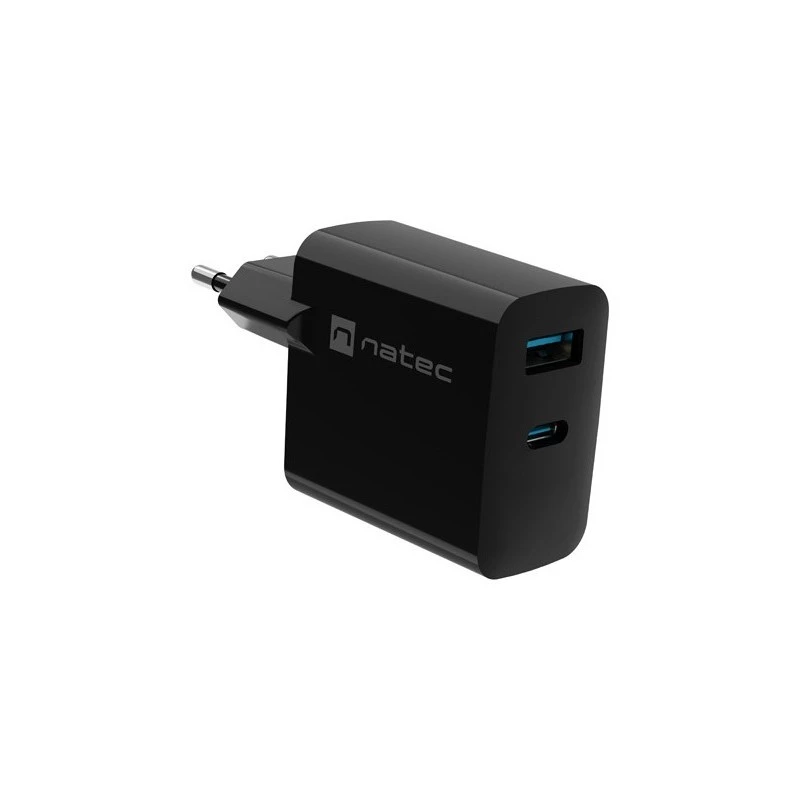 Juhtmega mobiilseadme laadija NATEC NUC-2143, 45 W, USB-C PD 3.0 + USB-A QC 3.0, 110–240 V, must