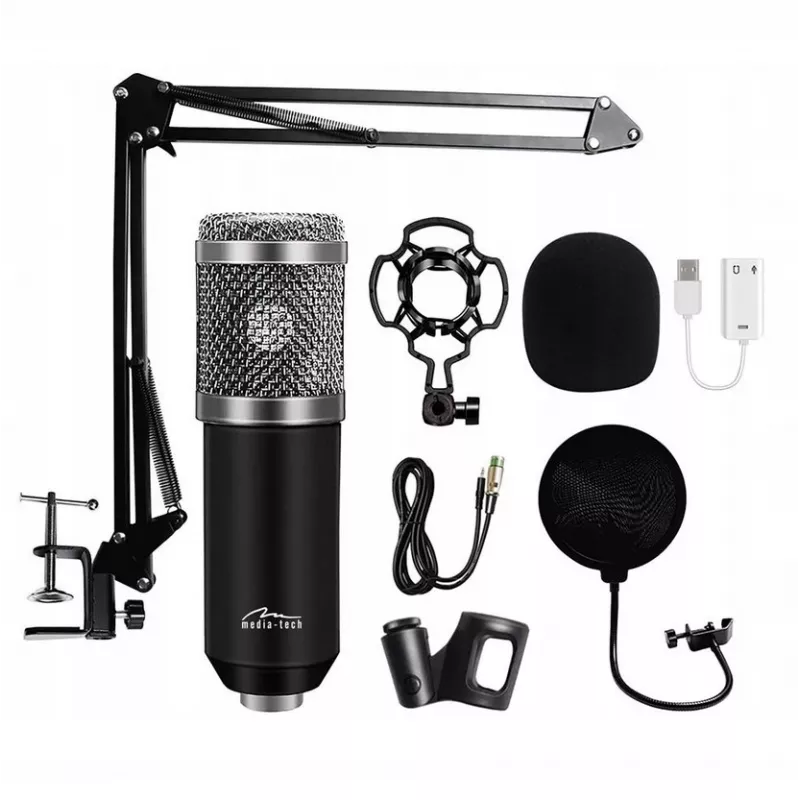PC mikrofon MEDIA-TECH MT397S — juhtmega, XLR-sisend, 20–20000 Hz, 150 Ω, -32 dB, 2,4 m kaabel, lauaalus, must