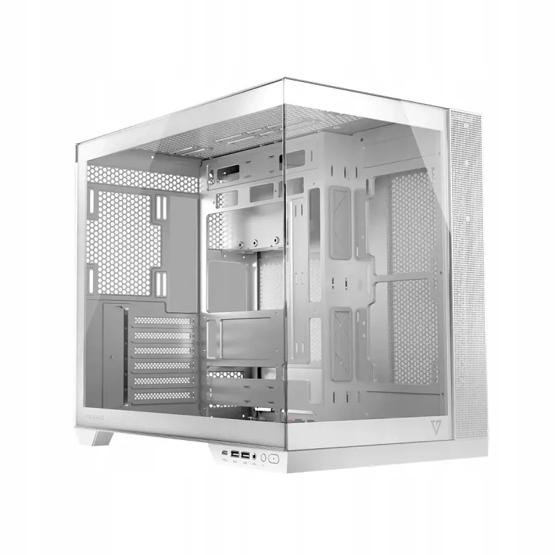 PC korpus MODECOM Volcano Panorama Midi Tower valge — micro ATX, karastatud klaas, ARGB, USB-C, toetab GPU-d 400 mm