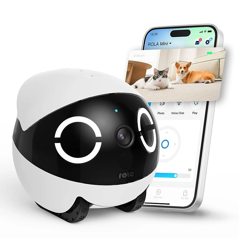 Robot Lemmikloomamonitor Enabot Rola Mini — Wi‑Fi, 5000 mAh aku, 3 MP, 137° vaateväli, valge/must