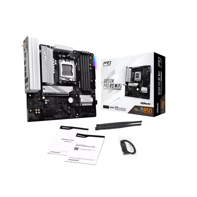 ASRock B850M Pro RS WiFi emaplaat — AMD B850, Socket AM5, microATX, DDR5, 4 DIMM, 256GB, Wi‑Fi 6E, 2.5Gb LAN, 3x M.2