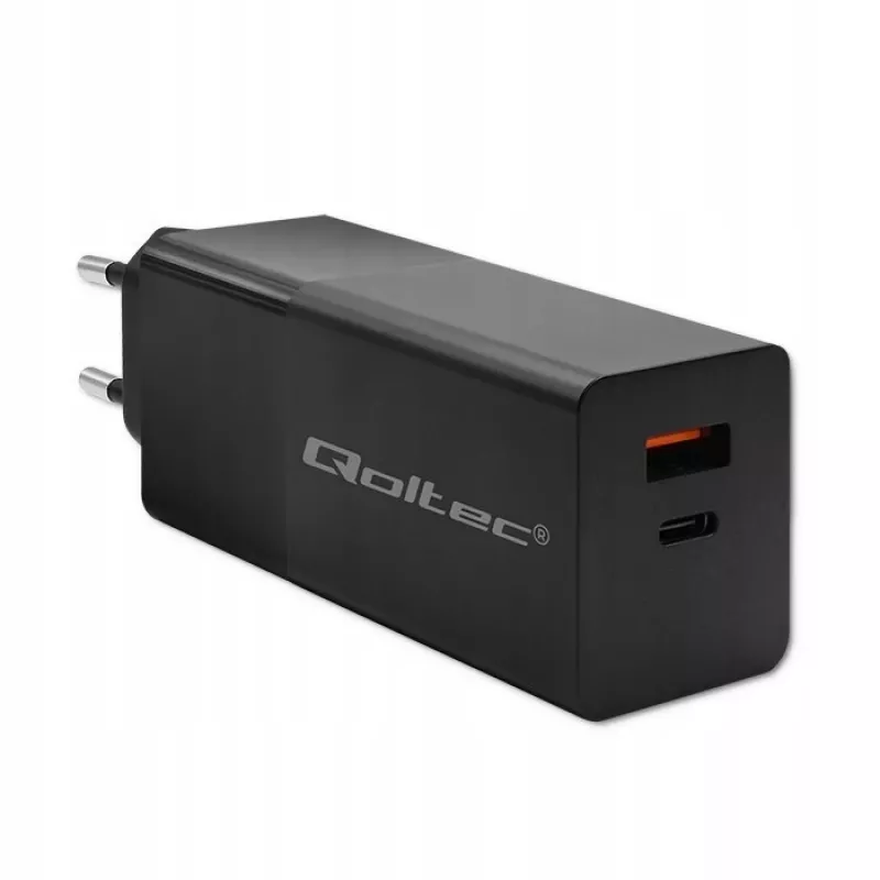 Qoltec 52382 GaN POWER PRO laadija | 1xUSB type C | 1xUSB A | 100W | 5-20V | 1.5-5A | PD | Must