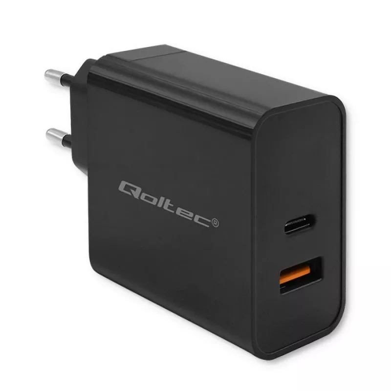 Qoltec 52381 Super Quick PD laadija | 1xUSB-C | 1xUSB | 90W | 5-20V | 2.4-4.35A | Must