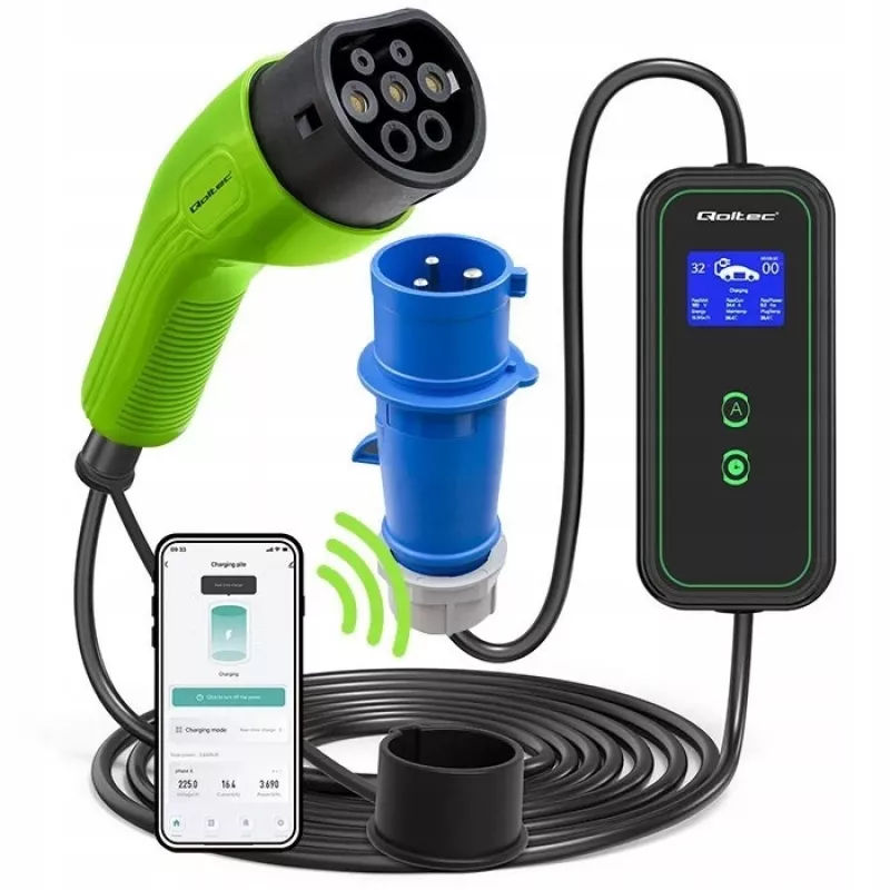 Qoltec mobiilne elektriauto laadija reguleeritav 2in1 Type2 | 7kW | 230V | CEE 3-pistik | Wi-Fi | LCD | kaasaskantav | seinakarp | 5m
