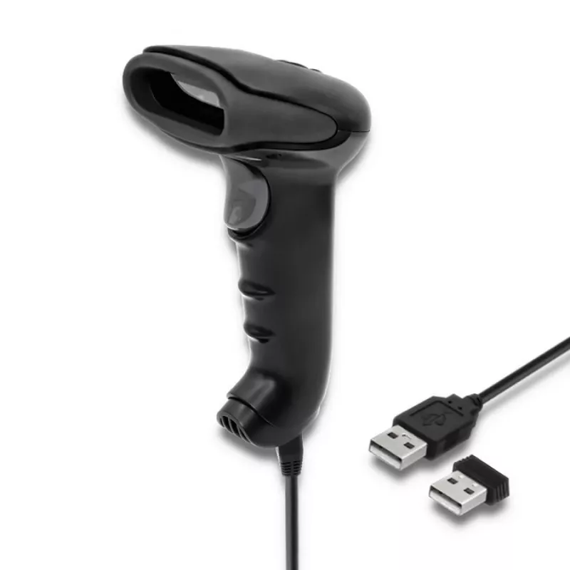 Pihustatav vöötkoodilugeja QOLTEC 50868 — 1D/2D laserskanner, USB-juhtmega ja juhtmevaba, töökaugus 600 mm, must