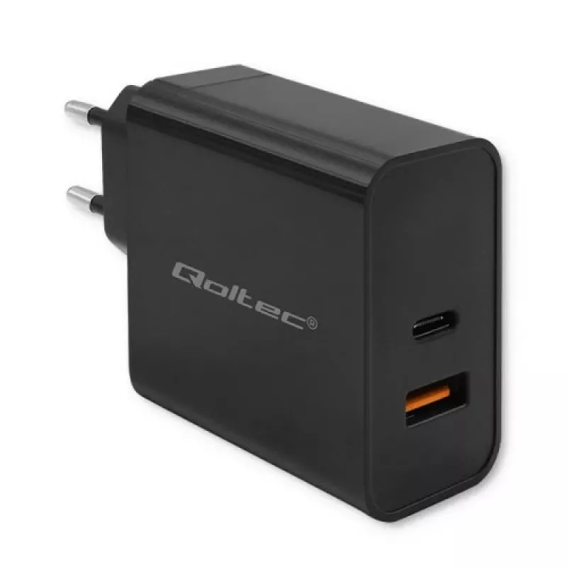 Qoltec 52380 Super Quick PD laadija | 1xUSB-C | 1xUSB | 65W | 5-20V | 1,5-3,25A | Must