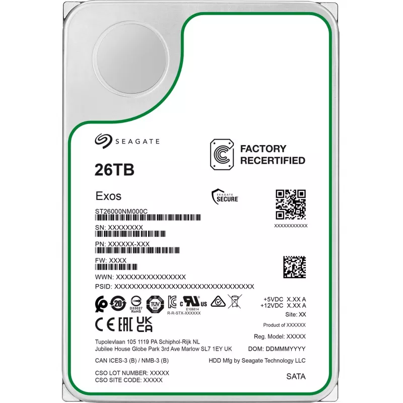 3.5-tolline SEAGATE Exos 26TB SATA ettevõtete HDD taastoodetud
