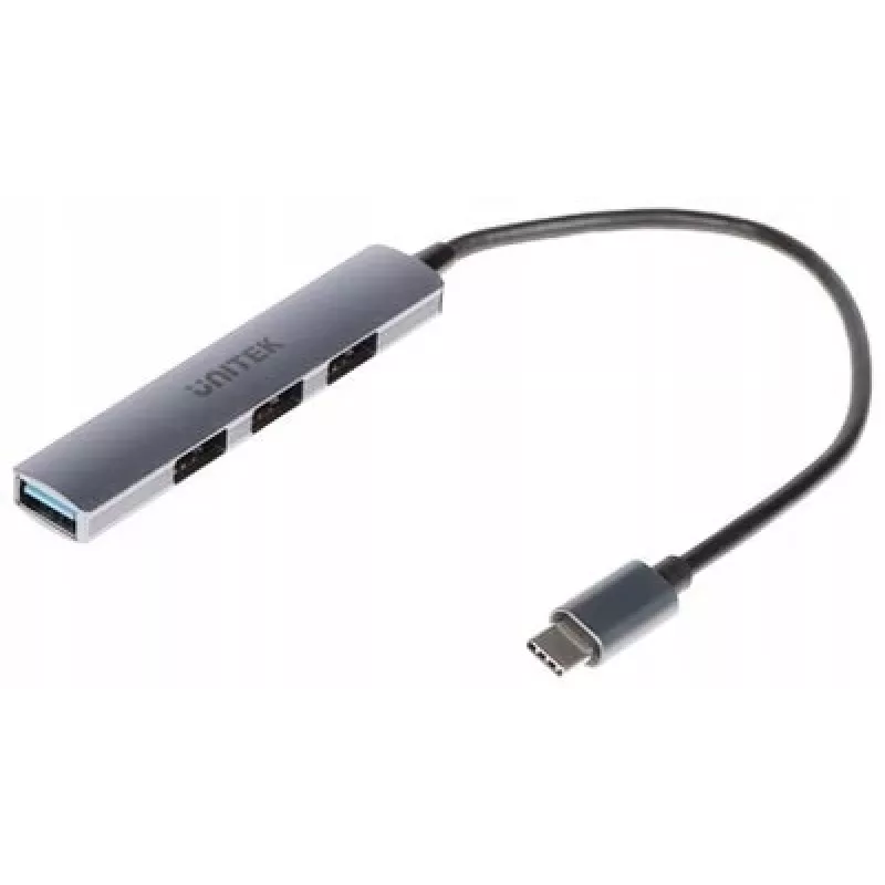 USB-C jaotur Unitek H1208B — 1x USB-A 5 Gbps, 3x USB-A 2.0, USB-C host, alumiiniumkorpus, 0,20 m kaabel