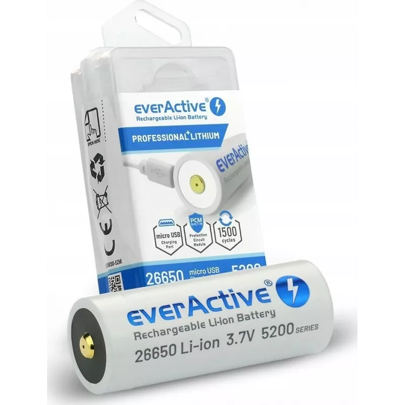 Laetav aku everActive EV26650-52M 3,7V 5200mAh Micro USB laadimisega