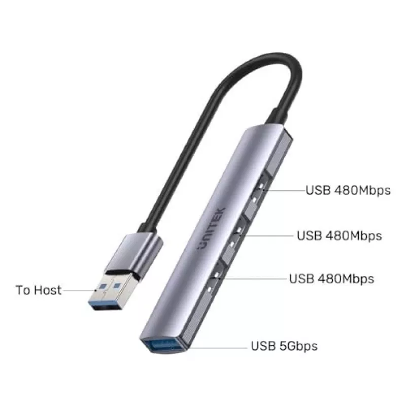 Unitek H1208A USB-A jaotur, 4 porti (1x USB-A 5 Gbps, 3x USB-A 2.0), alumiinium, hõbedane