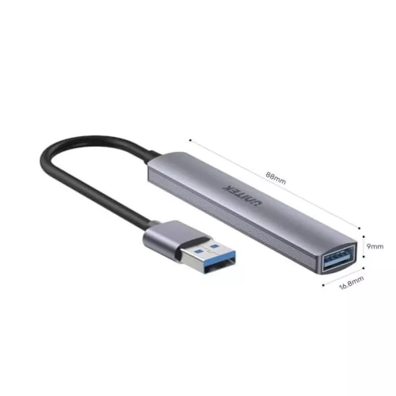 Unitek H1208A USB-A jaotur, 4 porti (1x USB-A 5 Gbps, 3x USB-A 2.0), alumiinium, hõbedane