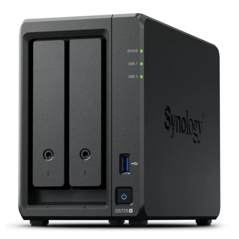 NAS Synology DiskStation DS725+ 2-kohaline Ryzen R1600 4GB DDR4 ECC, 2.5GbE, 2x M.2, RAID tugi, 0TB, Must