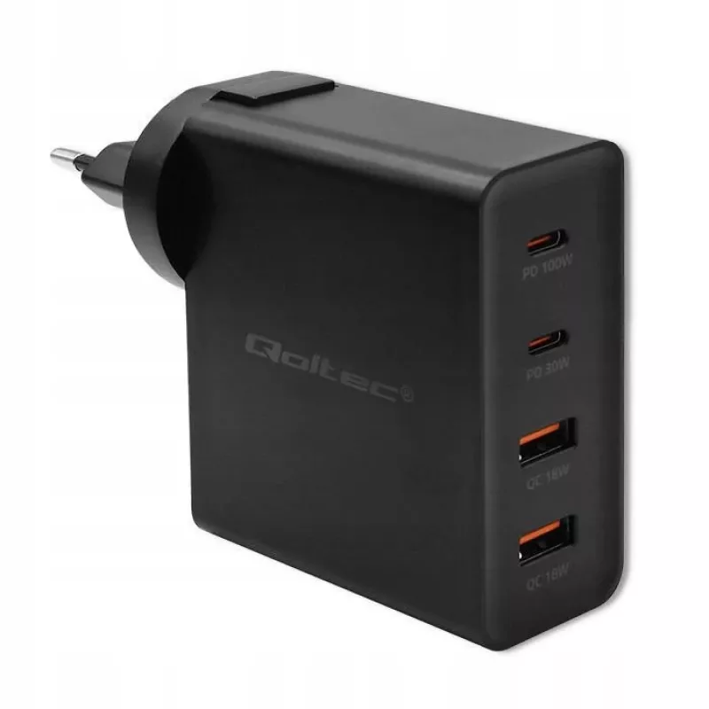 Qoltec GaN POWER PRO Laadija | 2xUSB-C | 2xUSB | 130W | 5-20V | 1.5-5A | XP | Must