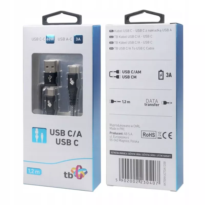 USB A kuni C kaabel TB AKTBXKUCTOA120B 1,2 m, must