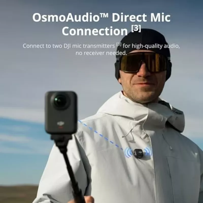 Tegevuskaamera DJI Osmo 360 Standard Combo — 8K Ultra HD, 120 MP CMOS, 240 fps, elektrooniline stabiliseerimine, 2-tolline ekraan, MicroSD, 183 g, must
