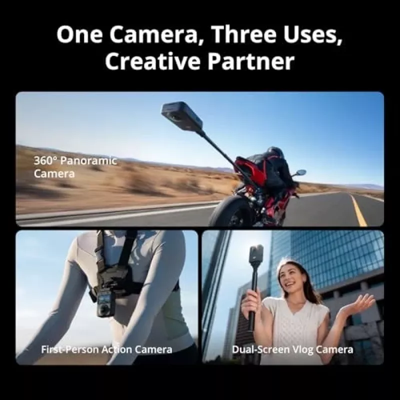 Tegevuskaamera DJI Osmo 360 Standard Combo — 8K Ultra HD, 120 MP CMOS, 240 fps, elektrooniline stabiliseerimine, 2-tolline ekraan, MicroSD, 183 g, must