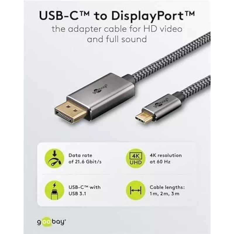 Goobay USB-C–DisplayPorti kaabel – kullatud pistikud, Ultra HD resolutsioon kuni 4k @ 60 Hz, C-tüüpi Thunderbolt 3/4 DP-adapteriga ühildatav