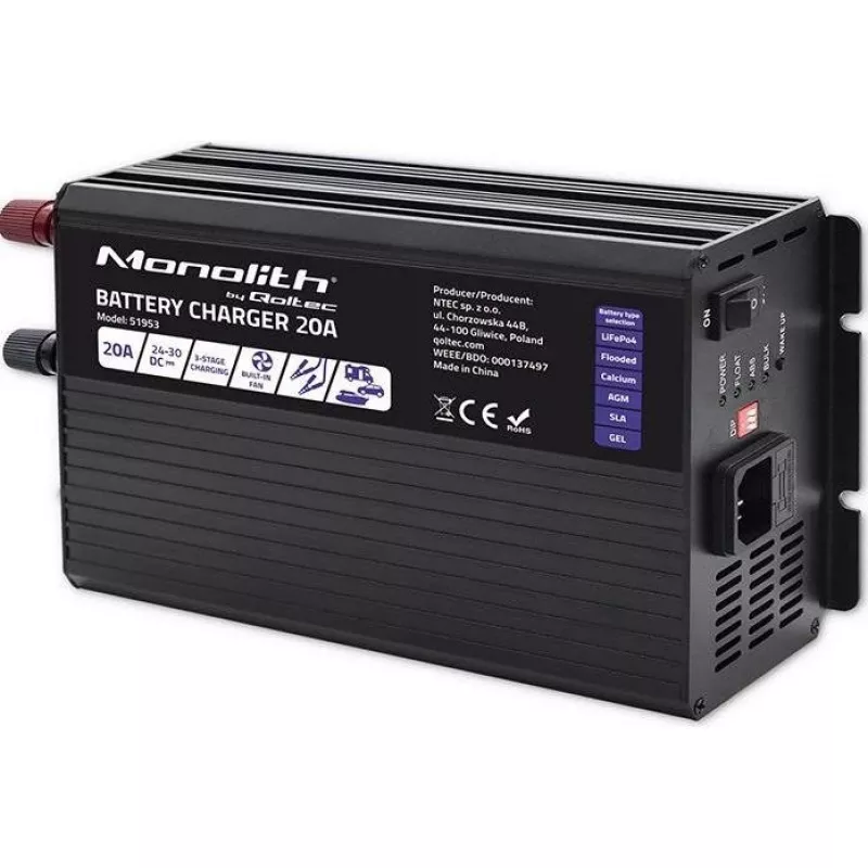 Qoltec Smart Monolith akulaadija LiFePO4 AGM GEL SLA akudele | 20A | 24V