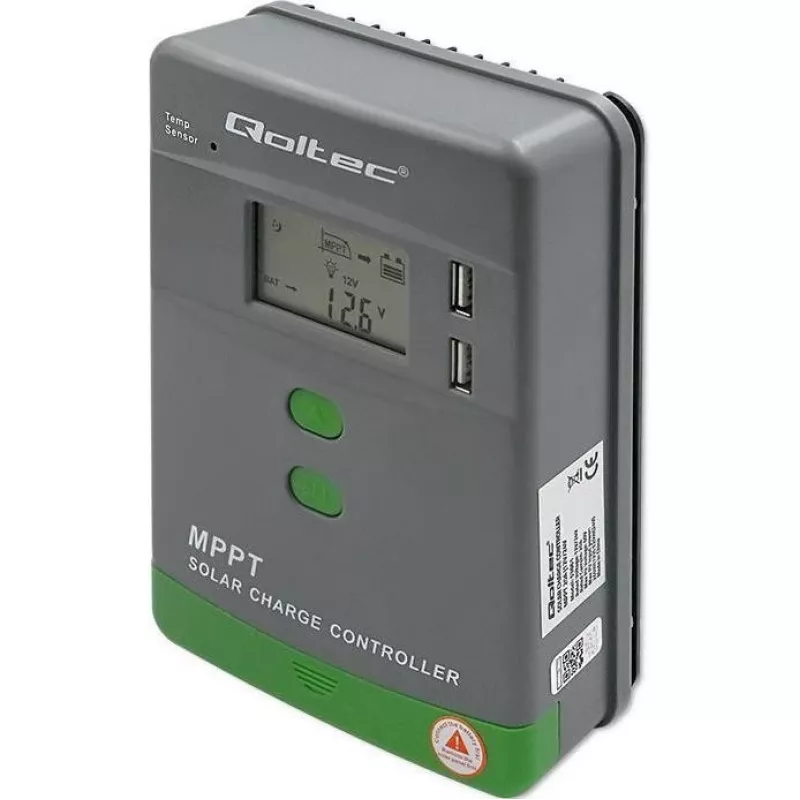 Qoltec, päikese MPPT laadimiskontroller temperatuurianduriga 20A 12V/24V LCD-ekraan 2 x USB
