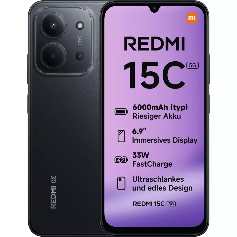 Xiaomi Redmi 15C | Midnight Black | 6.9 tolli | IPS LCD | 720 x 1600 pikslit | Sisemälu 4 GB | 128 GB | Kahe SIM-kaardiga | 5G | Põhikaamera eraldusvõime 50 MP | Teisene kaamera eraldusvõime 8 MP