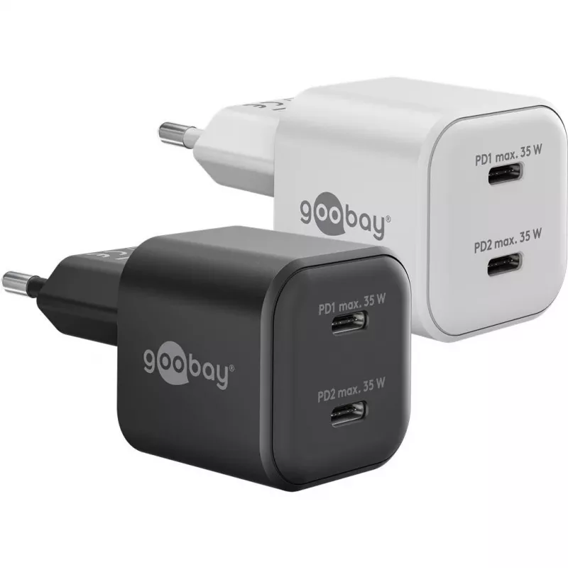 Seinalaadija GOOBAY 75333 — universaalne siseruumide AC USB-C laadija, 2x USB-C, 35 W, must