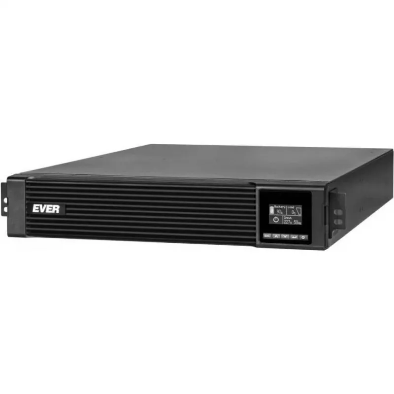 Online UPS EVER Powerline RT PRO 3kVA 3kW rack/torn, topeltkonversioon, 1-faas, 200–240V väljund, 9× C13 pistikupesa, LCD, VRLA akud