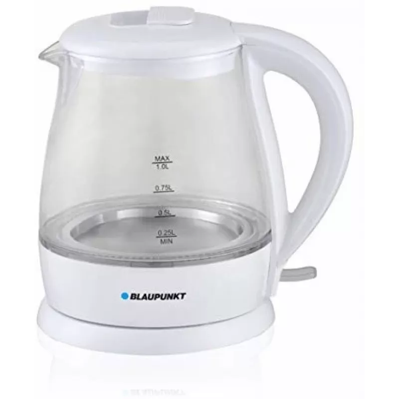 Elektriline veekeetja BLAUPUNKT 1 L 1630 W Valge — klaaskorpus, 360° alus, nupuga kaas