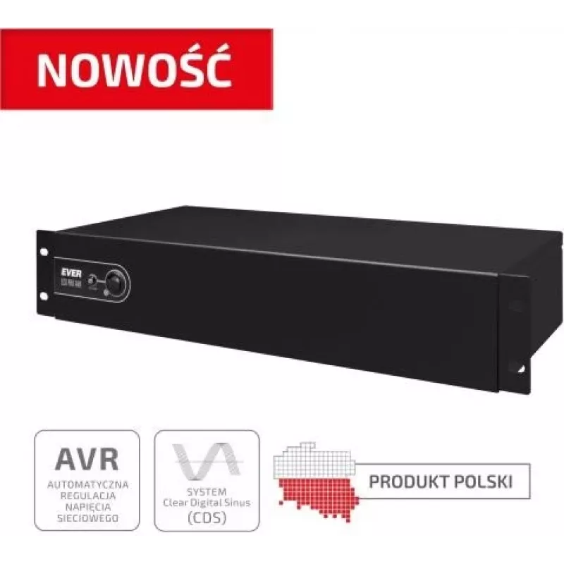Rackmount Line-Interactive UPS EVER ECO Pro 1200 AVR CDS, 1,2 kVA (650 W väljund), 2U, 3× C13, USB-B, AVR, VRLA 12 V 5 Ah ×2