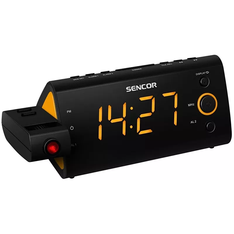Kellaraadio SENCOR SRC 330 OR — FM-kellaraadio 1,2-tollise LED-ekraaniga, kahe äratusega, punase 180° projektsiooniga, toatemperatuuriga, patarei varutoitega