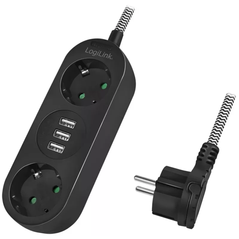 Pikendusjuhe LogiLink LPS262U 1,5 m 2 vahelduvvoolupistikut siseruumidesse must