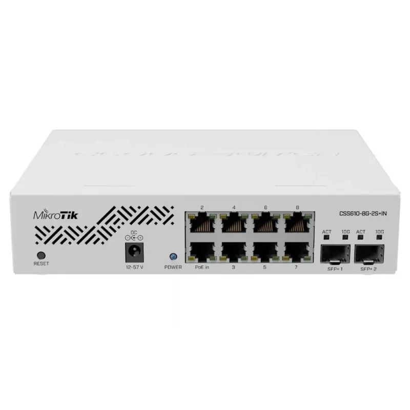 Võrgukommutaator MikroTik CSS610-8G-2S+IN — 8x Gigabit RJ-45, 2x SFP+ 10G, PoE, 12–57V sisend