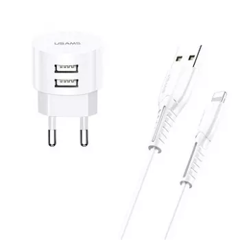 usams laadija T20 2x USB 2.1A koos Lightning-kaabliga — kaasaskantav USB seinaküülik