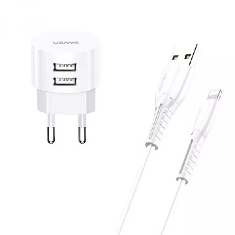 usams laadija T20 2x USB 2.1A koos Lightning-kaabliga — kaasaskantav USB seinaküülik