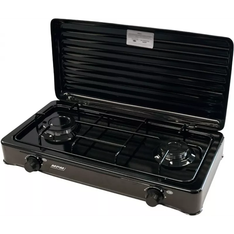 Mpm Kn-02/1kb kaasaskantav gaasipliit Camping 2 põletit emailitud rest kaitsekate standard G30-37 Mbar must