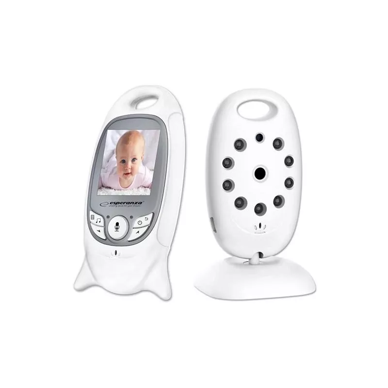 Video beebimonitor ESPERANZA EHM001 — 2-tolline LCD, 320×240 video, öövaatlus 5 m, temperatuuriandur, kuni 260 m ulatus, laetav LiPo 540 mAh