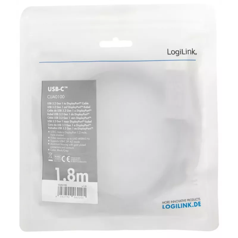 LogiLink CUA0100 kaabli pistikuüleminek DisplayPort USB 3.2 Gen1 USB-C 1,8 m must hall