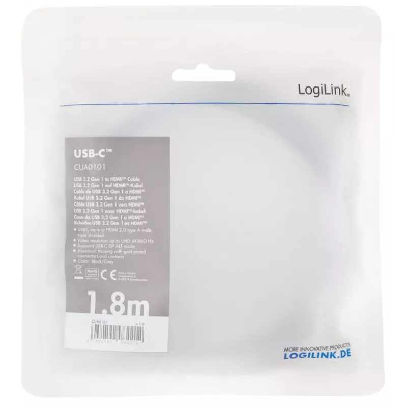 LogiLink CUA0101 USB 3.2 Gen1 USB-C HDMI-A kaabel 1,8 m must hall