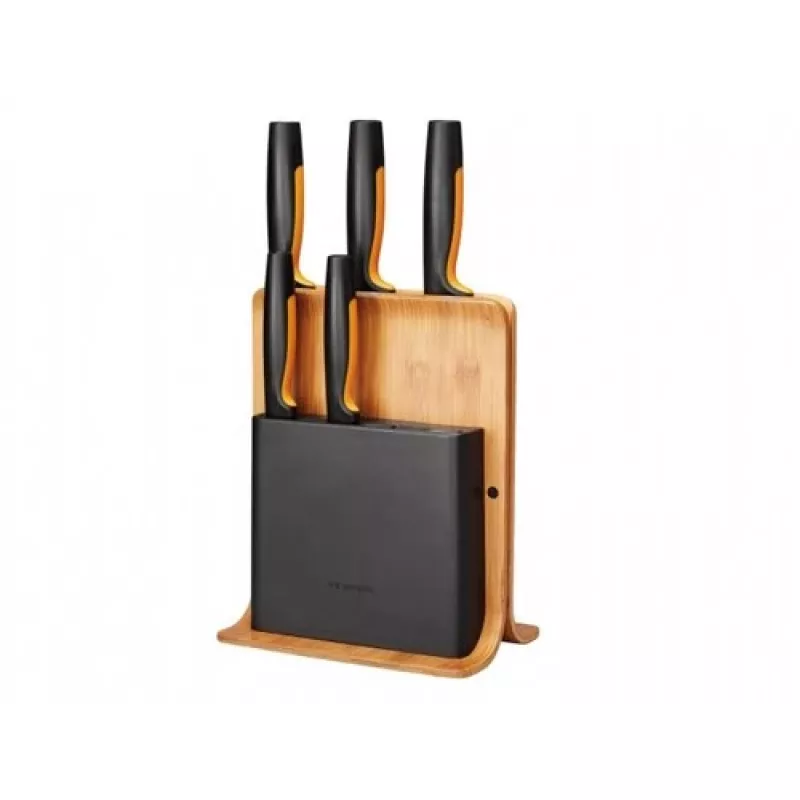 Pilu noablokk Fiskars 1057552 — puidust ristkülikukujuline noaplokk 5 piluga, roostevaba teras, max noa pikkus 21,3 cm