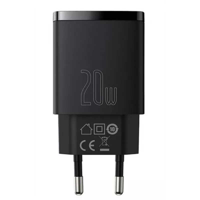 Sisene USB kiirlaadija Baseus CCXJ-B01 — 2 porti (USB-C PD 20W + USB-A QC3.0 18W), 100–240 V, must
