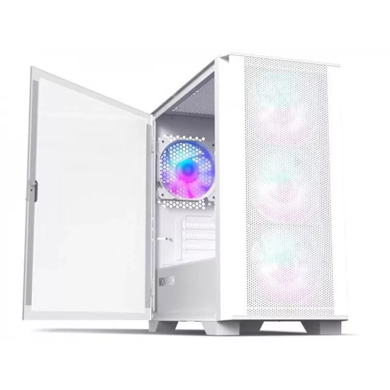 Montech AIR 100 ARGB MICRO-ATX korpus nelja eelpaigaldatud ARGB ventilaatoriga, üliminimalistlik disain, peen võrgust esipaneel, kõrge õhuvool, unikaalne külg