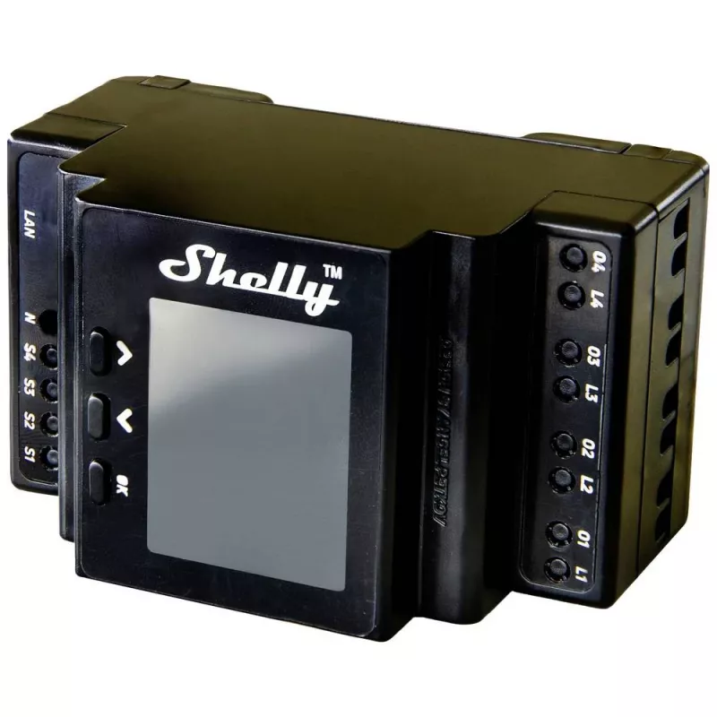 DIN-liistuga releemoodul Shelly 4-kanaliga Pro 4PM Wi‑Fi, 4 kanalit, AC 110–240V, toite- ja energiamõõtmine, DIN-kinnitus