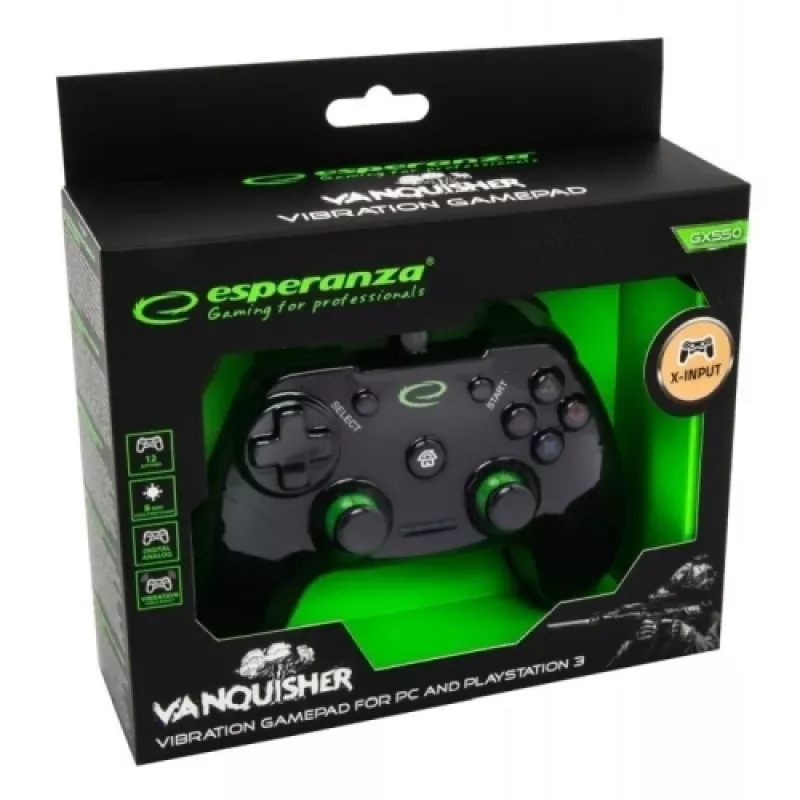 Gamepad ESPERANZA EGG110K juhtmega USB vibratsiooniga, 12 nuppu, 1,5 m kaabel — PC-le ja PS3-le