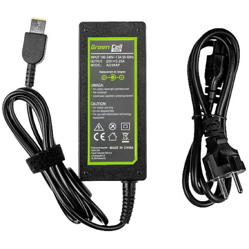 Toiteadapter roheline Cell AD38AP 65W Lenovo sülearvutitele, 20V 3,25A, 1,2 m kaabel, must